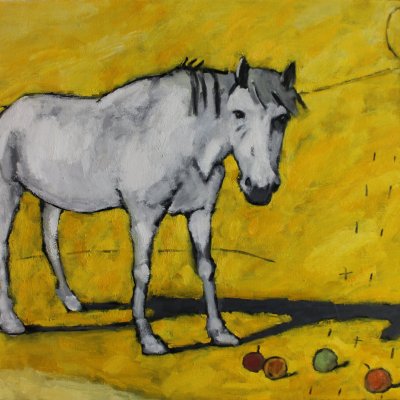 Sad white horse with apples