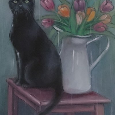 Кот, тюльпаны , дождь