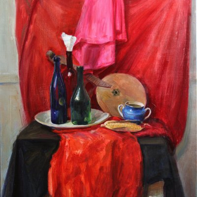 Still life with red drapes