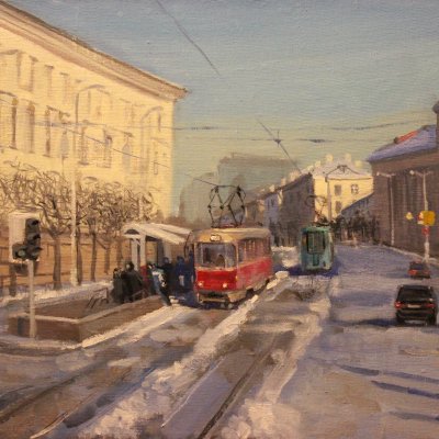 Minsk. Winter. The long-awaited tram.
