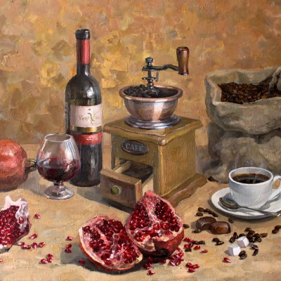 Still life with pomegranate and coffee