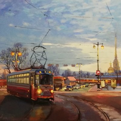 Evening tram on Petrogradk