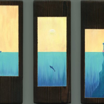 The sea. Triptych. Yacht, Dolphin, Lighthouse.