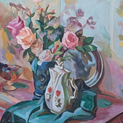 Still life with teapot and roses