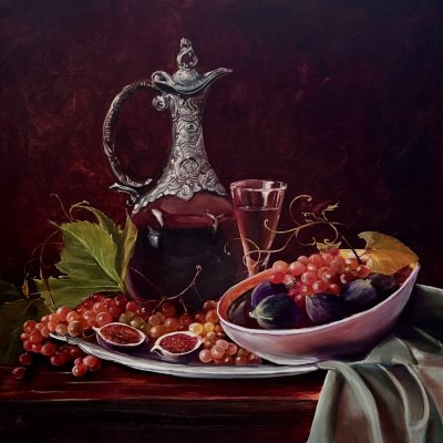 Still life with carafe, grapes and figs