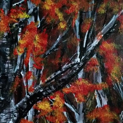 Acrylic painting Autumn in a birch grove