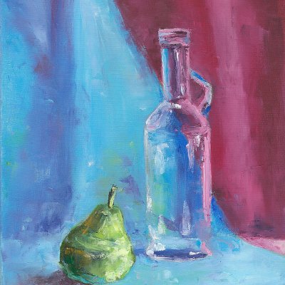 Still life with bottle and pear