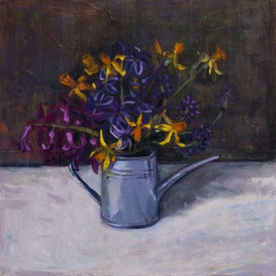 Hyacinth and daffodils in the watering can