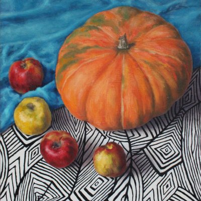 Still life with pumpkin and apples