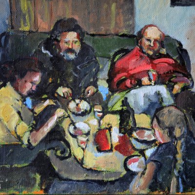 Five people at a small table