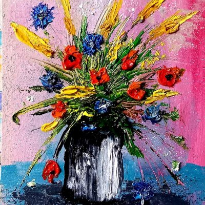 A bouquet of cornflowers and poppies, impasto