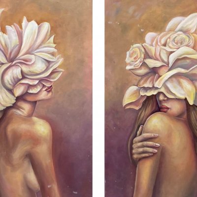Girls with peonies. diptych