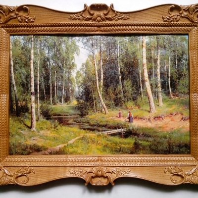 Reproduction of the painting by I. Shishkin's “Stream in Birch Forest” on cotton canvas in carved frame of ash.