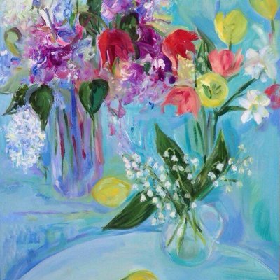 Spring still life with lilacs, lilac and tulips