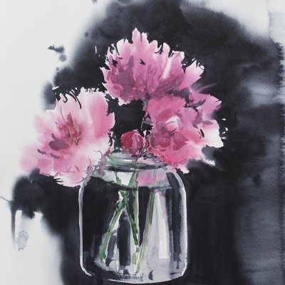 Peonies on a black background