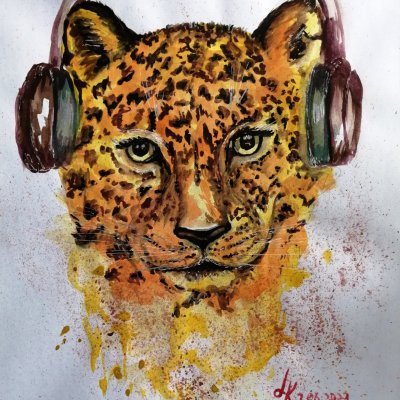 Leopard wearing headphones