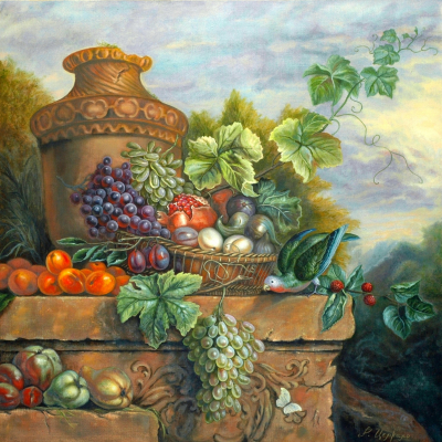 Натюрморт с попугаем и фруктами (копия Яков Богдани)