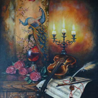 Violin, candles and flowers