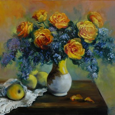 Yellow roses with apples