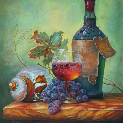 Still life with bottle, grapes and shell.