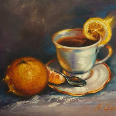Натюрморт с апельсином и кофе