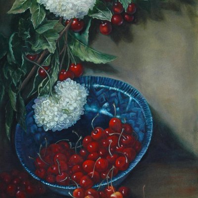 Still life with hydrangea and cherry