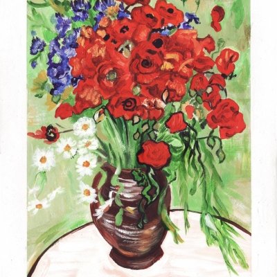 Reproduction on Van Gogh's painting “Poppies in a Vase”