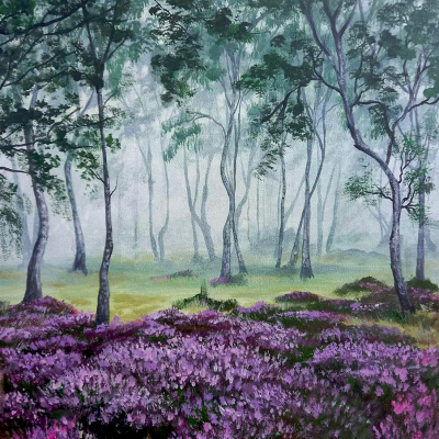 Misty forest with heather