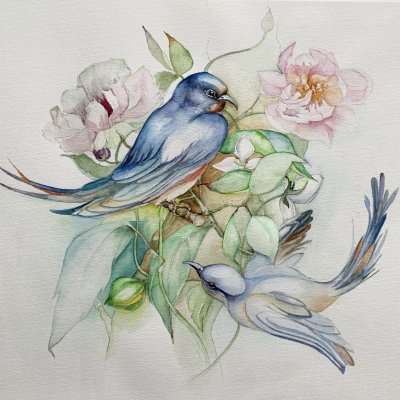Birds Swallows & Flowers
