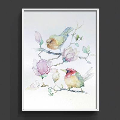Birds and Flowers of Magnolia. Author Watercolor.