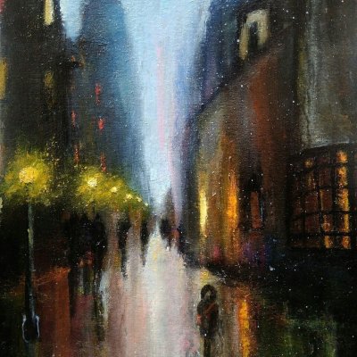 Snow and rain, evening cityscape